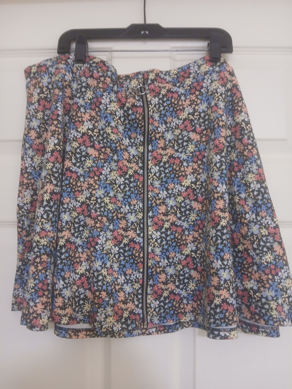 SO Floral Zip-Front Skater Skirt - Black with Blue, Pink, Yellow Flowers